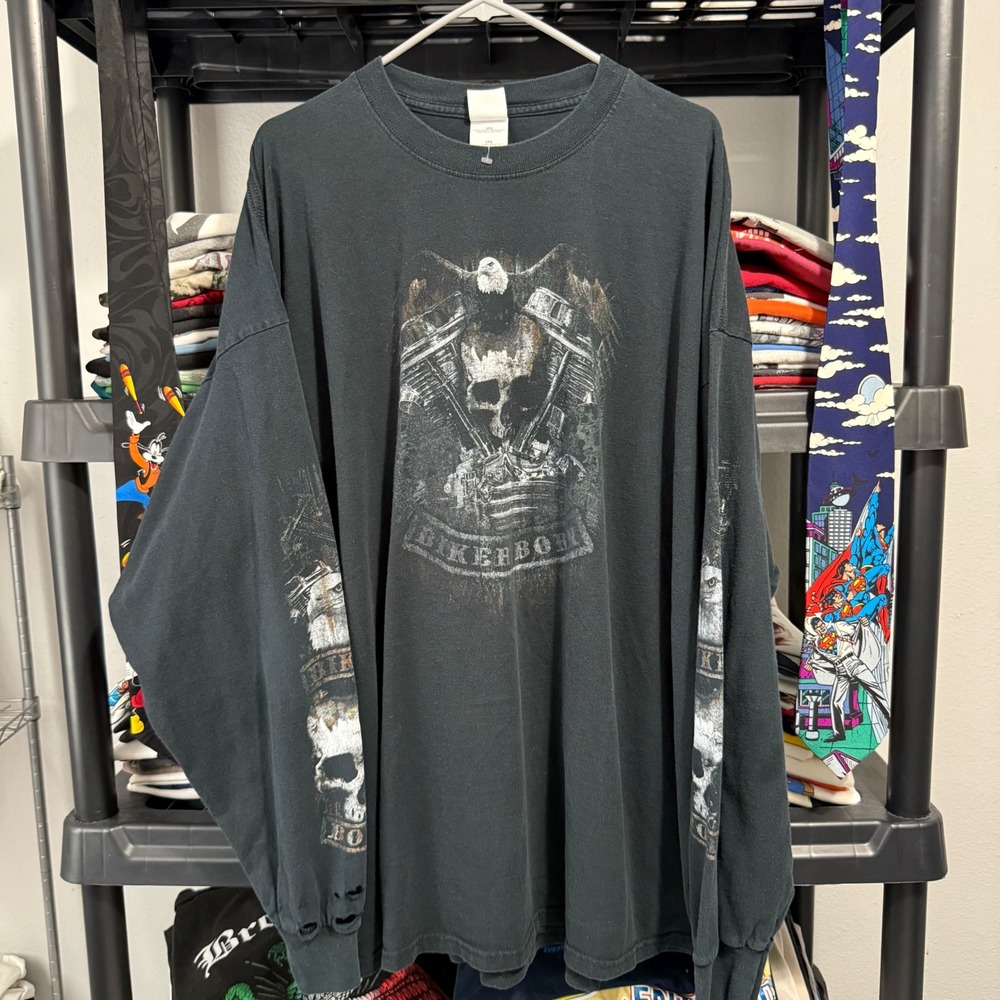 Y2K Black Jim's Cycle Shop Biker Born Skull Long Sleeve Tee 4XL Light Fraying